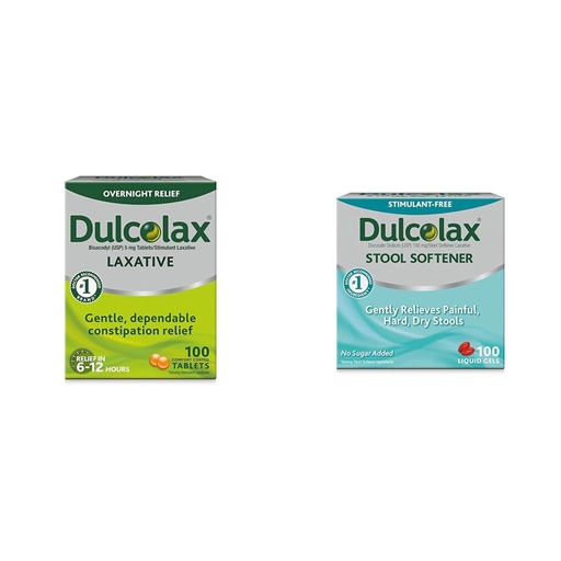 [BRSROAINOZYBYETU] Dulcolax Stimulant Laxative Tablets (100 Count) Gentle Overnight Constipation Relief, Bisacodyl 5mg & Stool Softener Laxative Liquid Gel Capsules (100ct) for Gentle Relief, Docusate Sodium 100mg
