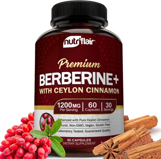 [BRSROHAZBAORMF3F] NutriFlair Premium Berberine HCL 1200mg, 60 Capsules - Plus Pure True Ceylon Cinnamon, Supplements Pills, Immune System Support