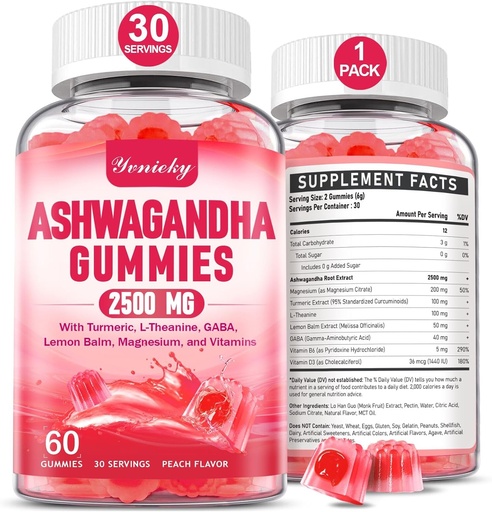 [BRSRAAT7PJ7W2YDD] Ashwagandha Gummies 2500mg for Women & Men: Ashwagandha Supplement Gummy Extra Strength with Turmeric, Vitamin D3, L-Theanine, Magnesium - Filled Gummies, Strawberry Flavor, Vegan, Non-GMO