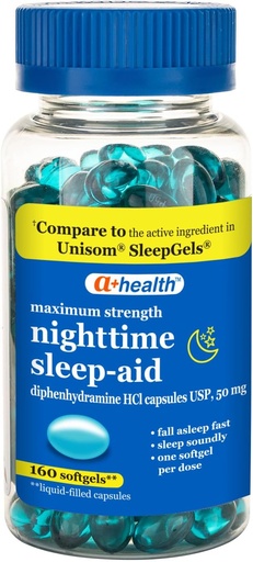 [BRSW2YIEB55QAFLZ] A+Health Nighttime Sleep Aid Diphenhydramine 50mg Softgels, Maximum Strength, 160 Cuenta