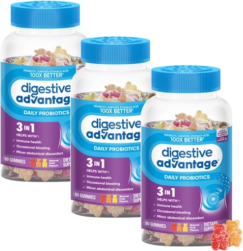 [BRSWI2T5CQNWG3DA] Avantaje digestive 3-in-1 Aromă de fructe naturale Gume probiotice pentru femei și bărbați Ocazional Blooting, Discomfort abdominal minor & Gut Health, 60 Conte Gummies (3 ambalaj)