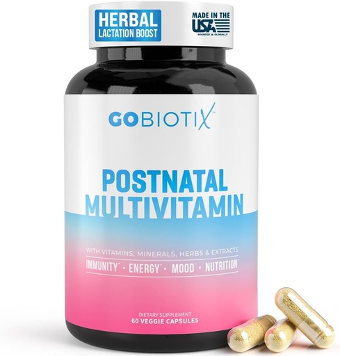 [BRSWYCT5DEDQECAY] GOBIOTIX Postpartum Vitamin for Breathfeed Moms - Posnatal Lactation Suplement with Organic Herbs, Mineral, Nutrients for New Mothers and Baby - Postpartum Essentials, Non GMO, Vegan, 60 Caps