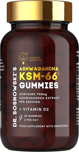 [BRSRAA35BMIAYD35] Sosnowski의 BioActive KSM-66 Ashwagandha Gummies 박사 | 비타민 D2 (60 Gummies)와 750mg Ashwagandha 추출물