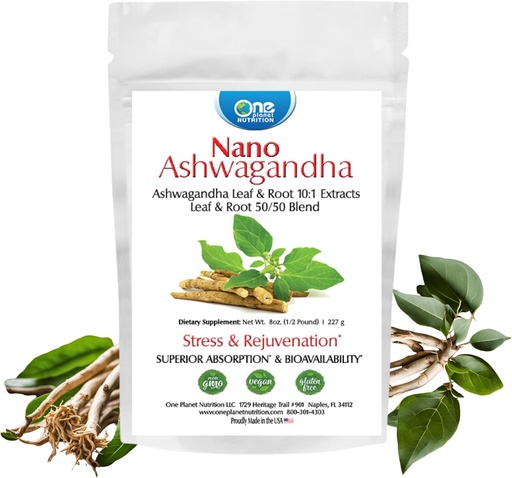 [BRSRMBA3CAFWCHQ2] One Planet Nutrition Nano Ashwagandha Leaf & Root Powder 8 oz (227 Servings), 10:1 Extract, Supports Mental Clarity, Non-GMO, Vegan, Gluten-Free
