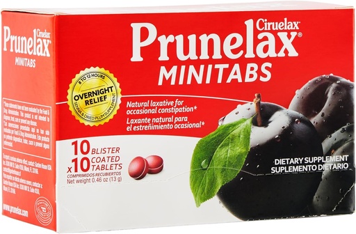 [BRSWGFQKCUCBQHL6] Prunelax Ciruelax Regular Strength Laxative Mini Tablets - Overnight Relief for Occasional Constipation, Senna Extract, Vegan & Gluten-Free, Gentle Relief - 100ct