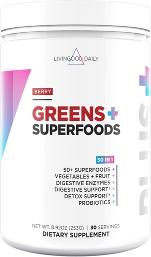 [BRSRM2QCBYHQEHLB] Livingood Daily Green & Superfood Powder, Super Green for Gut Health, Green Juice Powder with Spirulina, Chlorella, and Digestive Enzymes, Probiotics for Digestive Support, Berry, 30 Servings