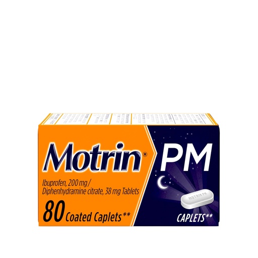 [BRSWKFYEDEEB4CIZ] Motrin PM Caplets with 200 mg Ibuprofen & 38 mg Diphenhydramine Sleep Aid, Nighttime Pain Reliever for Minor Aches & Pains, Bulk, 80 ct