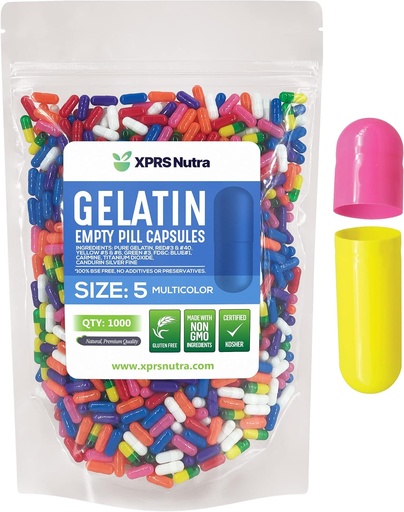 [BRSWYAL6OYIWYHIZ] XPRS Nutra Size 5 Empty Capsules - 1000 Count Very Small Empty Gelatin Capsules - Pills DIY Capsule Filling - Fillable Pill Gel Caps for Do-It-Yourself Vitamin Supplements (Multi Color)