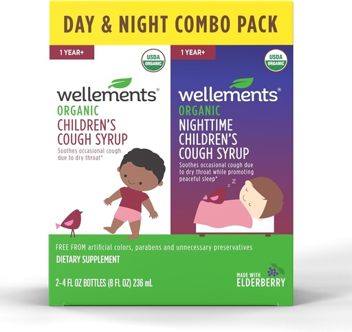 [BRSRAZT7OB7AOA3P] Wellements Organic Day & Nighttime Children's Cough Combo Syrup | Soothing Daytime & Nighttime Cough Relief USDA Organic | Value Pack (2) 4 Fl Oz. Bottles, 1 Year+