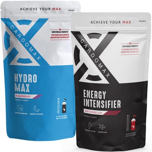 [BRSRMHDQOZ4B42DA] CardoMax - Energy Intensifier (Watermelon) & Hydromax Liquid Hydration (Raspberry) 30 Packet Bundle