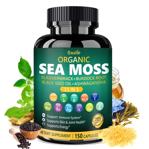 [BRSROAT2OQCQM337] Organic Sea Moss Capsules, 11-in-1 Irish Sea Moss 30:1 Extract 300 mg with Vitamin D3 5000 IU, Black Seed, Ashwagandha, Bladderwrack & Burdock Root, Vegan Supplement, 150 Capsules