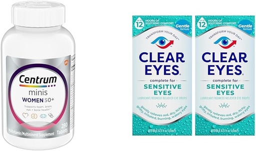 [BRSRAYYYBAIAE2A4] Centrum Minis Silver Women's Multivitamin for Women 50 Plus, Multimineral Supplement with Vitamin D3, B Vitamins, Non-GMO Ingredients, Supports Memory and Cognition in Older Adults - 280 Ct & Clear Eyes, Sensitive Eyes, Eye Drops, 0.5 Oz, 2 Pack