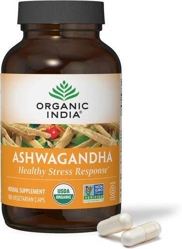 [BRSWK2YMC55WGG3O] ORGANIC INDIA Ashwagandha Capsules - Organic Ashwagandha Addition - Vegan Ashwagandha Root, Gluten- Free, Kosher, Non- GMO, Support Stress Relief, Energy, and Miego - 180 Capsules
