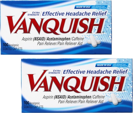 [BRSWYAQEBMDRSH3F] Vanquish Extra Strength Headache and Pain Relief, with Acetaminophen, Aspirin, and Caffeine | Digital Eye Strain | 100 Count, Pack of 2