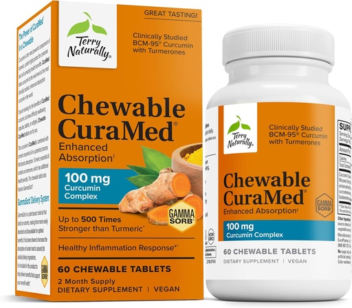 [BRSWYAIDOF5BUH34] Terry Naturally CuraMed 100 mg Curcumin Complex - Enhanced Absorption Curcumin Supplement with Turmeric - Brain & Liver Health Support Supplement - Vegan Dietary Supplement - 60 Chewable Tablets