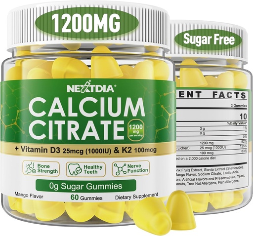 [BRSRAH3YOYJRYA35] Calcium Citrate Gummies 1200mg with Vitamin D3 K2, Chewable Calcium Supplements for Women & Men, High Potency Support B0ne, Te*th, Strength & Immune Health, Mango Flavor, Non-GMO, Sugar Free, 120 Cts