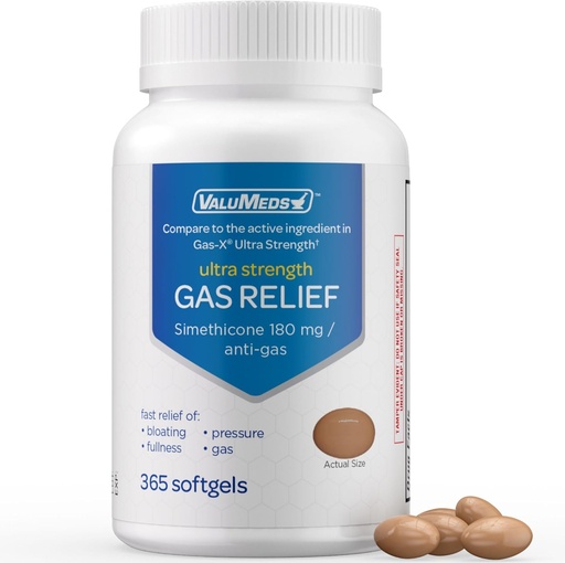 [BRSW2A32BUNW2FAY] ValuMeds Gas Relief for Adults Simethicone | Relieve Bloating, Pain, Discomfort, and Irregularity | Compare to Active Ingredient in PHAZYME and Gas-X (365 Count - 180mg)