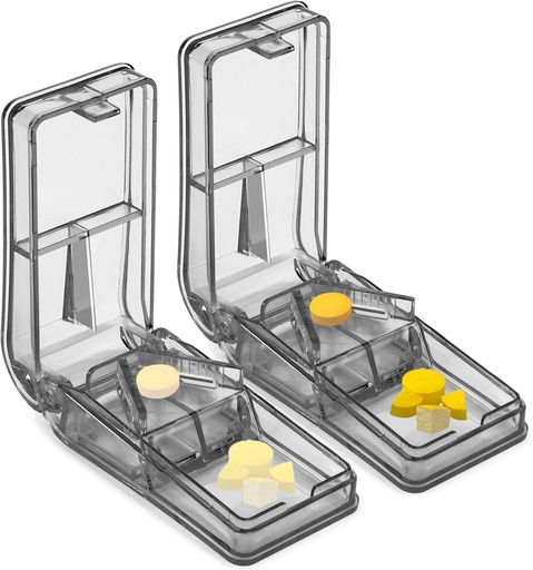 [BRSW2GIFCEGRQHL2] JohnBee 2PCS Pill Cutter pro malé nebo velké pilulky - Nejlepší vícenásobný Pill Splitter vůbec - Design v USA - Dvojité jako Tablet Box - Nevhodné pro malé pilulky (Gray)