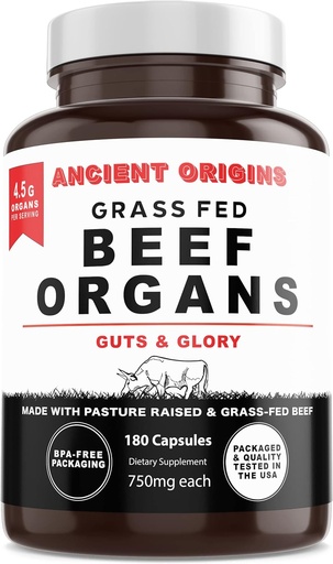 [BRSW2ZAHA4NRM3Y7] Grass Fed Beef Organs Supplement 4500mg - Desiccated Liver, Bone Marrow, Heart, Spleen, Pancreas & Kidney, Non-GMO, Gluten Free, Undefatted by Ancient Origins (180 kapsulak, 750mg bakoitzak)