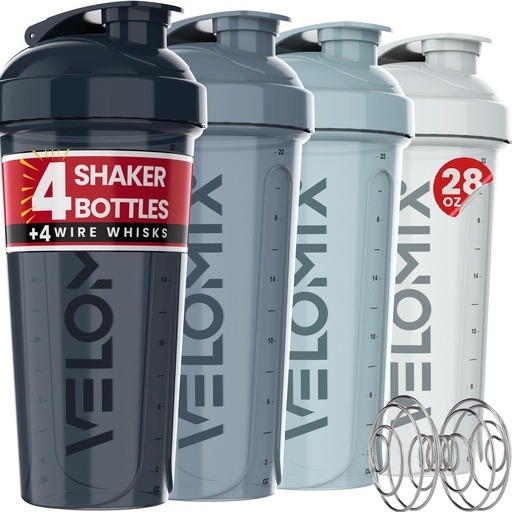 [BRSROCTQOEPWGYLZ] VELOMIX -4 PACK 28 Oz Protein Shaker Bottle for Protein Mixes - 4x Wire Whisk | Leak Proof Shaker Cups for Protein Shakes | Large, Stackable Protein Shaker Bottles Pack | Dishwasher Safe (Aqua Depths)
