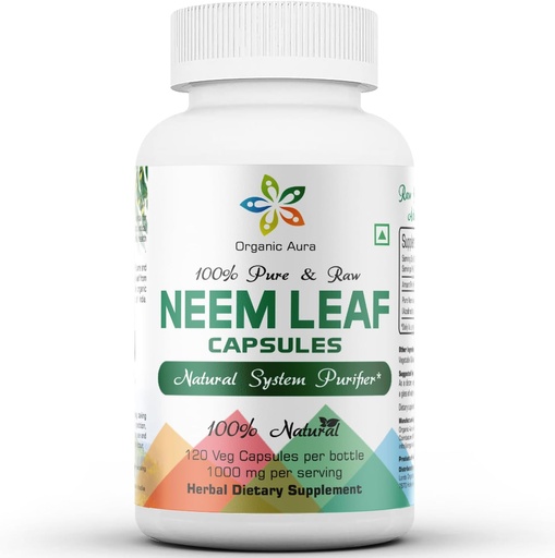 [BRSWECAQBYMB6336] Capsules Aura Neem organiques. 100% Pure et Potent. Un super aliment vert cru. Fabriqué avec des feuilles entières de neem spectre. Agent détoxifiant Miracle, peau radiante et immunité.