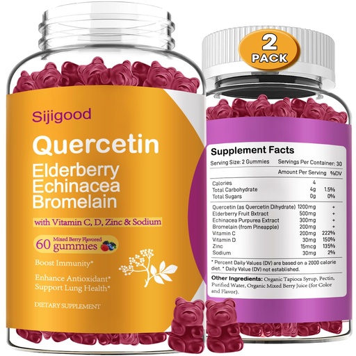 [BRSRMZQDCMIQ4234] 2 Packs Quercetin with Bromelain Gummies, Elderberry, Echinacea, Vitamin C D Zinc - Immune System Support 120 Counts Pure Quercetin Supplements Gummies for Kids & Adults