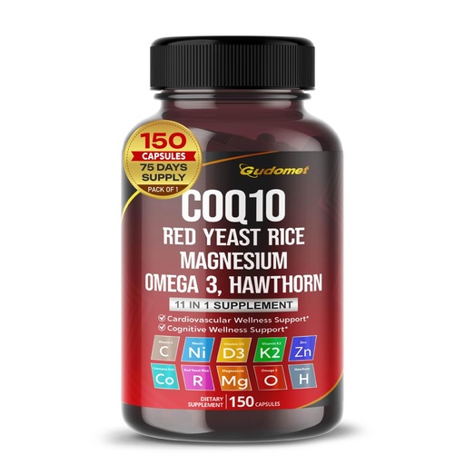 [BRSRAZA5DMMGCFY7] Coenzyme Q10 (Ubiquinone) Red Yeast Rice Hawthorn Omega 3 Vitamin C Niacin Zinc Vitamin K2-150 Capsules