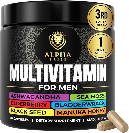 [BRSRAGIHBEFROYDO] Alpha Tribe Multivitamine pour les hommes avec Seamoss Huile de graines noires Racine de Burdock Ashwagandha, Bladderwrack curcuma, Vitamine C, Elderberry, Manuka, Darge Jaune