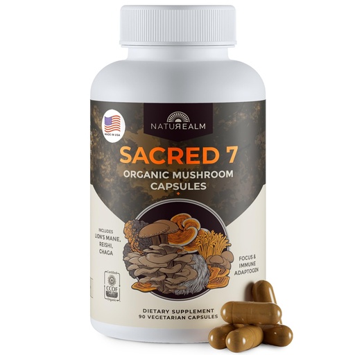 [BRSROBQECQHGC33D] Naturealm Sacred 7 Mushroom Supplement Capsules | 30-Day Supply | 7-in-1 Organic Mushroom Complex Capsules with Lions Mane, Reishi, Chaga | 1000mg Per Serving | Immune Support & Focus