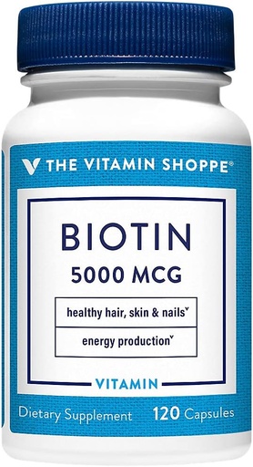 [BRSRMCTYPMHRSD32] Vitamín Shoppe Biotin 5 000 MCG, Nutrient metabolická podpora pre zdravé vibrujúce vlasy, zdravá koža a silné nechty, výroba energie (120 kapsuly)
