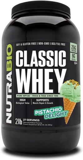 [BRSWY236OIBRAD3O] NutraBio Classic Whey Protein Powder - 25G Protein Per Scoop - Full-Spectrum Amino Acid Profile - Sen recheos, cores artificiais, preservativos - (Pistachio Delight, 2 libras)