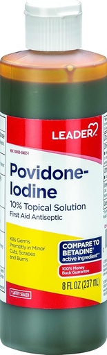 [BRSWIGYCCUAREE3M] Leader Povidone Iodine 10% Prep Solution USP, First Aid Antiseptic Wound Cleanser, Wound Wash, Antiseptic Soap (8 Fl Oz, Pack of 1)