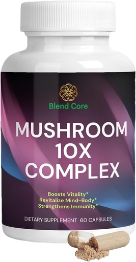 [BRSROGI2OACGMHTD] Mushroom 10X Complex - Lions Mane, Reishi, and Cordyceps - Supplement for Natural Energy & Stress Relief - Immune Boost - Focus & Memory - Natural & Non-GMO
