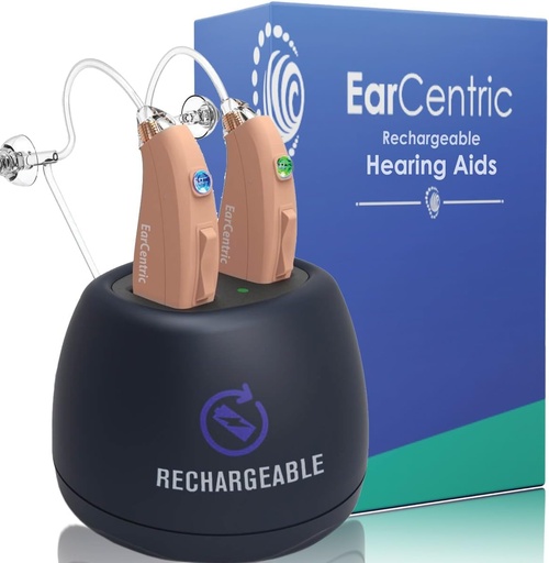 [BRSW2GLYCEBAKCQ3] EarCentric EasyCharge Rechargeable Hearing Aids (Pair) for Seniors, Behind-The-Ear BTE Ear Aid PSAP digital Personal sound amplification products devices with Noise Cancellation (Beige)