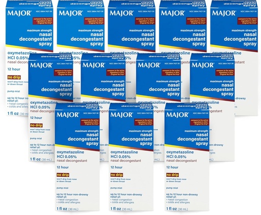 [BRSWYYI6OEBA2H3P] MAJOR Maximum Strength Nasal Decongestant Spray, Oxymetazoline HCl 0.05% Pump Mist, Non-Drowsy Nasal Spray, up to 12-Hour Relief from Nasal Congestion, Colds, and Allergies 1 Fl. Oz. (12-Pack)