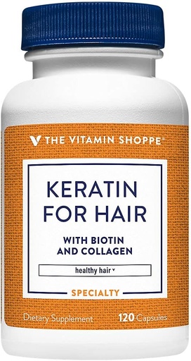 [BRSWKFQEAUBBUHLE] Witamina Shoppe Keratin do włosów z biotyny i kolagenu, wspomaga silne, zdrowe włosy, luster do włosów (120 kapsułki)