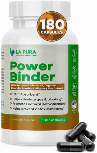 [BRSROAIYB4PWEDT2] LaPura Power Binder Blend – Detox & Cleanse with Activated Charcoal, Organic Chlorella Powder & Slippery Elm Extract – Helps Alleviate Gas & Bloating – Promotes Natural Detoxification - 180 Capsules