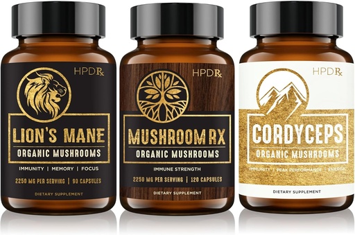 [BRSW2FQ5OAPWM3T7] HPD Rx Organic Mushrooms Bundle | Mushroom Rx, Lions Mane & Cordyceps | for Immunity, Mind & Body Health