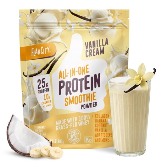 [BRSRMAQCOB5RU3D6] FlavCity Vanilla All in One Protein Shake Powder - On the Go Meal Alternative + Collagen Peptides, Reishi & Cordyceps - Focus, Skin, Hair & Joint Support - 100% Grass Fed Whey, 20 Servings