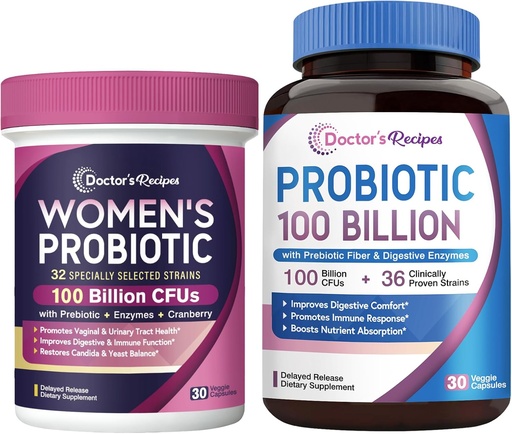 [BRSRAHD7OIFW2D3A] Doctor's Recipes Women’s Probiotics & Probiotics 100 Billion CFUs Bundle, Vaginal & Urinary Health, Digestive Comfort for Men & Women, Shelf Stable, Delayed Release