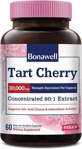 [BRSROHALCQPAMG32] Bonawell Tart Cherry Capsules 60:1 Extracto, 30000mg Fuerza, Hecho de Montmorency Tart Cherries, Powerful Uric Acid Cleanse, 2 Month Supply, 60 cápsulas