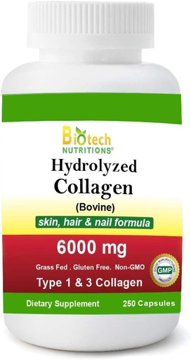 [BRSWYEAQAQNQAETL] Hydrolyzed Collagen Bovine Type 1 & 3 6000 mg Serving 250 Tablets Grass Fed Gluten Free Non-GMO