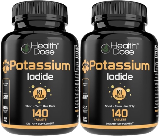 [BRSRMHQ5OEIAAA3B] Health Dose Potassium + Iodide (KI) Tablets – 130mg 140 Tablets – for Thyroid Support, Cellular Metabolism & Electrolyte Balance – Non-GMO, Gluten-Free, GMP Certified, Pack of 2