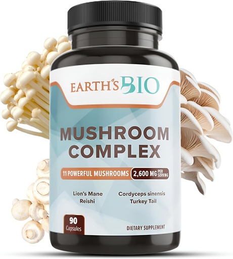 [BRSRO2QKCUBBGFDB] Earth's Bio Mushroom Supplement Complex 2,600 mg per Serving, 90 Caps, with Organic Lion's Mane Mushroom, Turkey Tail, Enoki Agaricus, White Button & Oyster Mushroom - Memory & Immune Support
