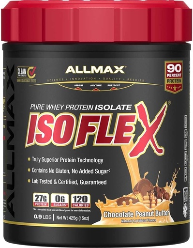 [BRSRO2Y3CV7WK3DZ] ALLMAX Nutrition ISOFLEX Whey Protein Isolate, Chocolate Peanut Butter - 0.9 lb - 27 Grams of Protein Per Scoop - Zero Fat & Sugar - 99% Lactose Free - Gluten Free & Soy Free - Approx. 15 Servings