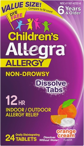 [BRSWKFT2BANQKG3U] Allegra bambini 12-Hour Allergy Relief Orally Dissolving Tablets, Non-Drowsy Indoor and Outdoor Allergy Medicine, 30 mg Fexofenadine HCI Antihistamine per bambini, Crema Arancione Flavor, 24-Count