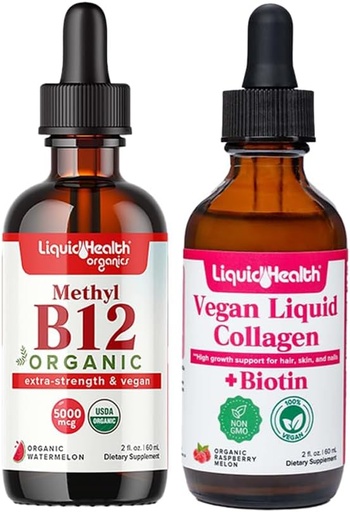 [BRSRABDQCQAWGELF] LIQUIDHEALTH Organic Methyl B12 5000mcg Vitamin Drops with Tart Cherry Juice & 100% Vegan Plant-Based Collagen Plus Biotin Drops - Natural Energy Boost, Improve Focus, Hair & Nail Growth, Skin Health