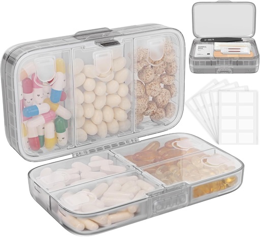 [BRSRAAT5C56B4ELL] FYY Weekly Pill Organizer with Labels,8 Compartments Travel Daily Pill Case Въздушен Влагозащитена голяма кутия за хапчета за задържане на витамини, рибено масло, добавки, Cotton Swab и Bandages-Grey