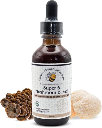 [BRSRAZYLCEPGACDF] Creator's Touch Botanicals, Super 5, Mushroom, Blend 2 fl oz met Reishi, Turkey Tail, Lions Mane, Chaga en Maitake Paddenstoelen voor Immune Ondersteuning. Dubbele extractie, Macerated.