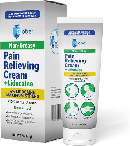 [BRSROFAQBUNRMH3V] Globe Pain Relieving Cream Plus 4% Lidocaine, Maximum Strength Numbing Relief, Fast Acting Topical Therapy for Muscle Aches, Joint Pain, Backache, Neck Pain, Soreness, Sprains & Spasms, Unscented, 3oz